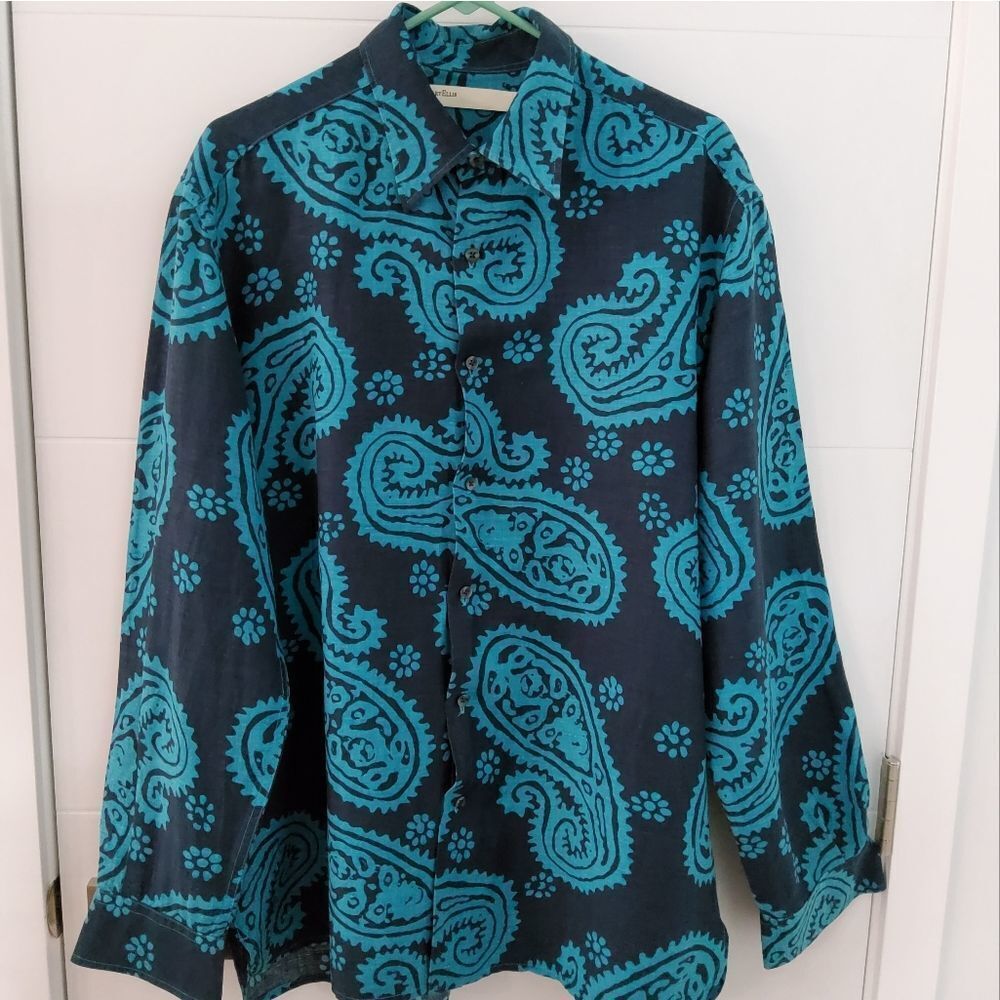 Perry Ellis Men's Paisley Print Linen Blend Shirt Size L